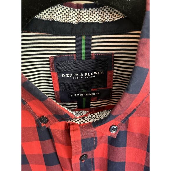 Denim & Flower Ricky Singh Men’s Medium Red Navy Plaid Button Down Shirt Casual - Picture 3 of 7